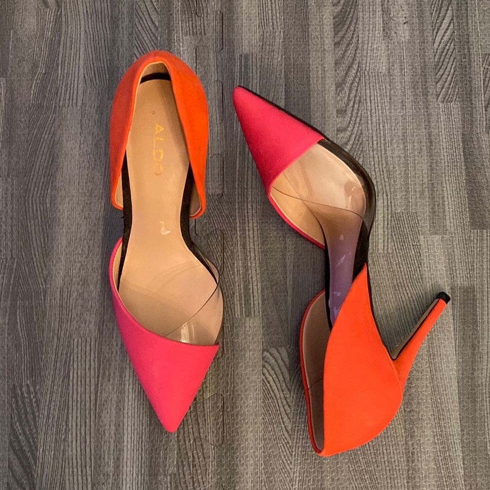 Pointy toe Aldo color block heels NEW sz 6 EU 36 Pink Orange Red Clear
